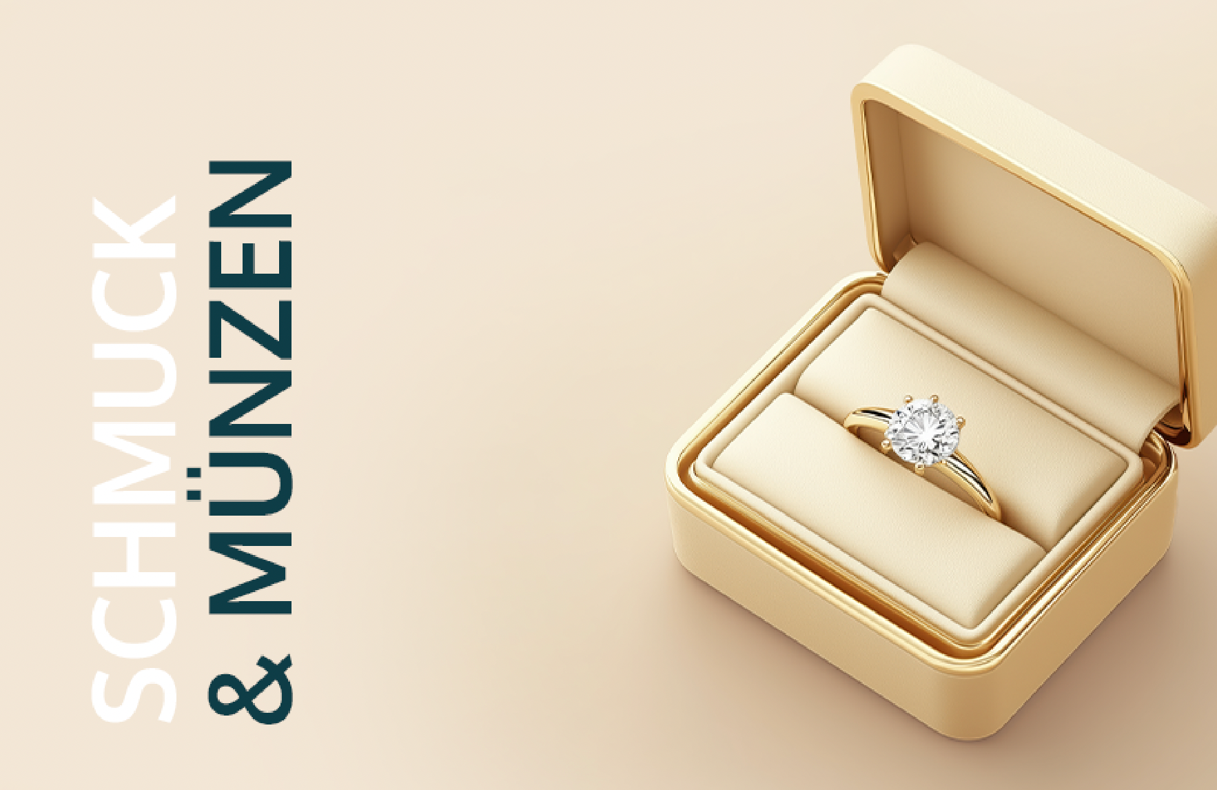 Ein goldener Ring mit Diamant in einer offenen Schmuckschatulle, daneben der Text "SCHMUCK & MÜNZEN".