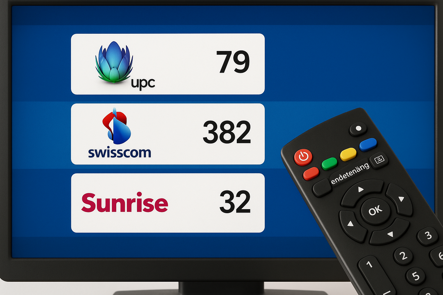 Ein Fernseher zeigt Logos und Nummern von UPC, Swisscom und Sunrise; daneben eine Fernbedienung.