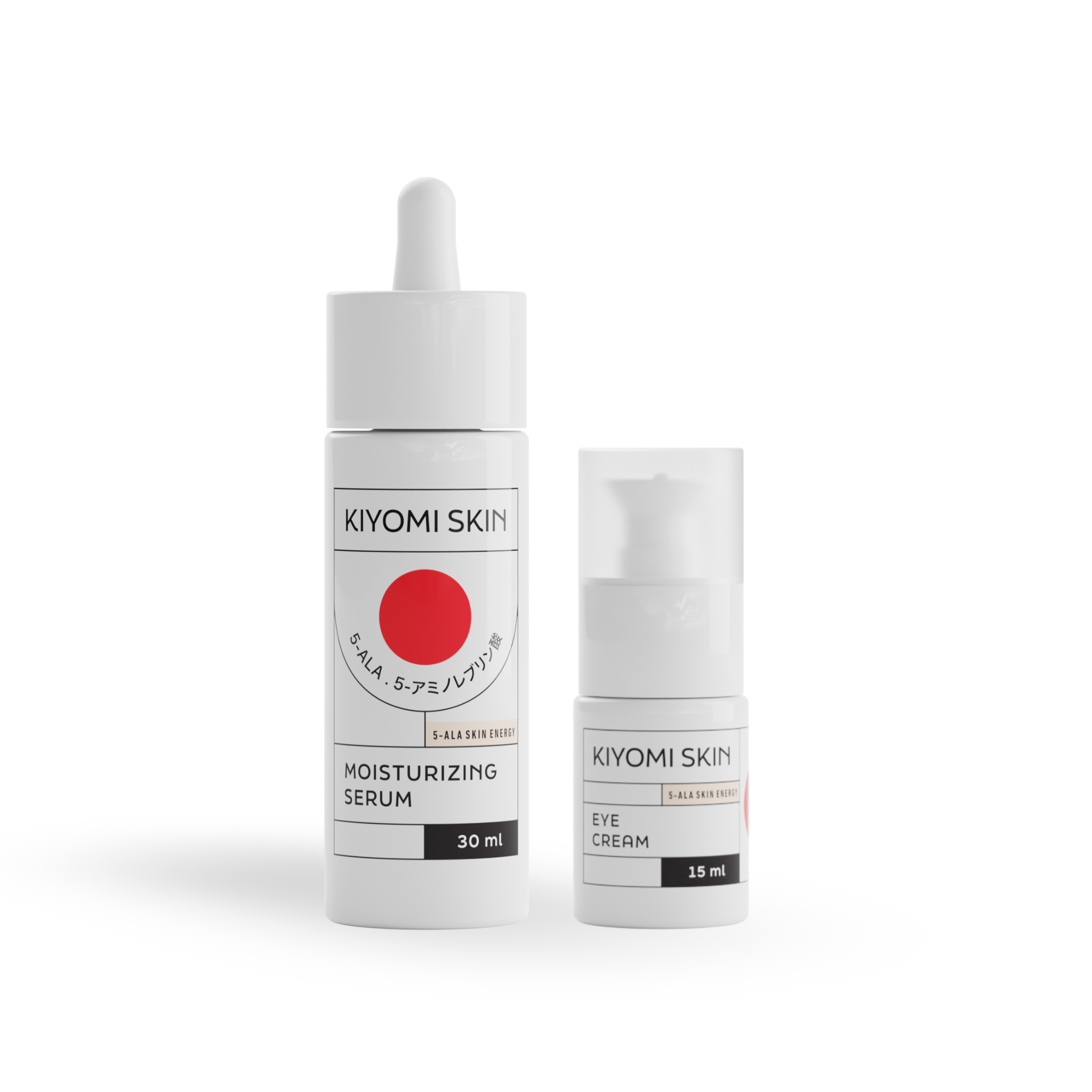 Feuchtigkeitsserum & Augencreme Set von KIYOMI SKIN in einer eleganten Verpackung für eine erfrischende Hautpflege.