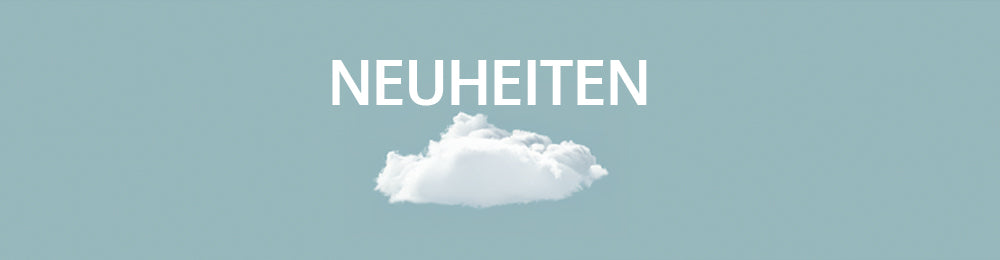 Text "NEUHEITEN" über einer weißen Wolke auf blauem Hintergrund.