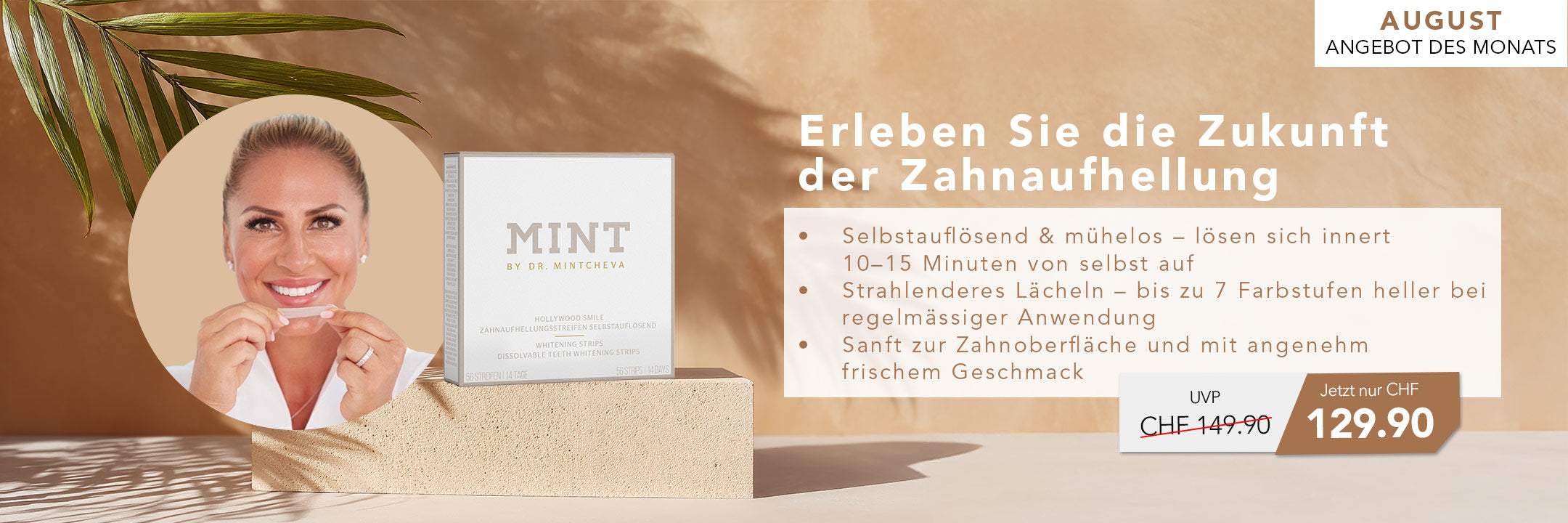 Werbung für MINT Zahnaufhellungsstreifen, zeigt eine Frau, die ein Produkt präsentiert, mit Text über Vorteile und Preis.