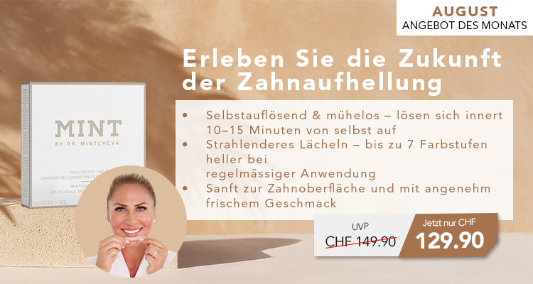 Werbung für Zahnaufhellungsprodukt "Mint" mit Text über Vorteile und Angebotspreis in CHF.