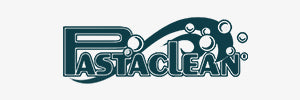 Logo von Pastaclean mit Seifenblasen-Design auf grauem Hintergrund.