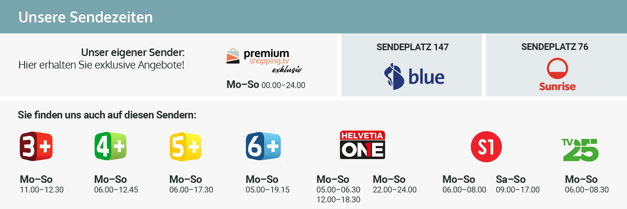 Übersicht über Sendezeiten auf verschiedenen TV-Sendern, inklusive "premium shopping.tv exklusiv", "blue" und "Sunrise".