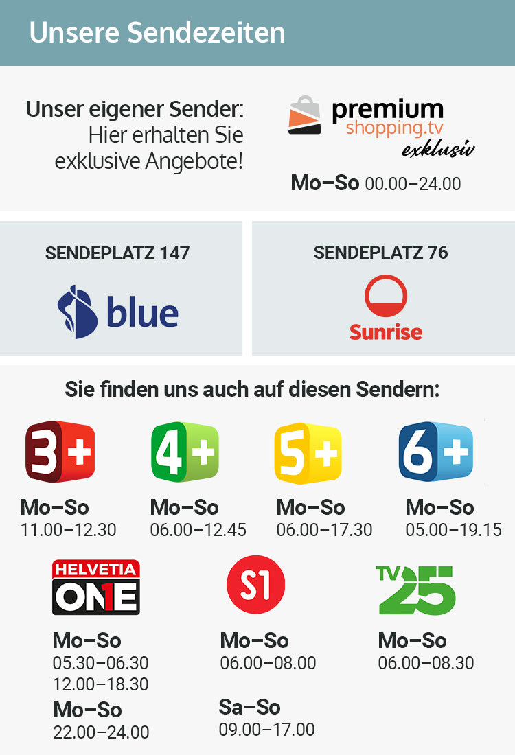 Sendefrequenzen für verschiedene TV-Sender mit Zeitangaben und Sendeplätzen.