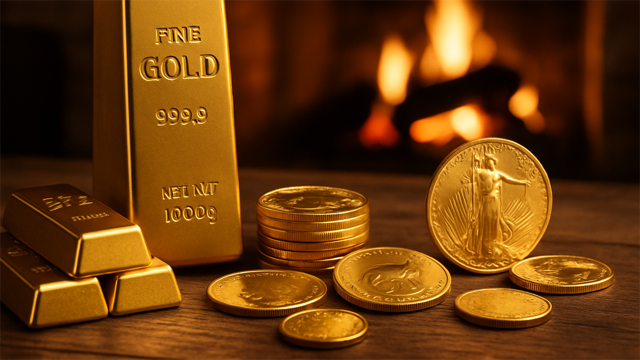 Goldbarren und Münzen liegen auf einem Holztisch vor einem brennenden Kaminfeuer.