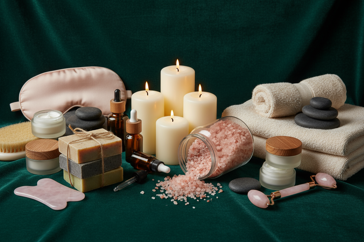 welness und beautygeschenke grüner dunlker hintegrund ohne marken oder logo